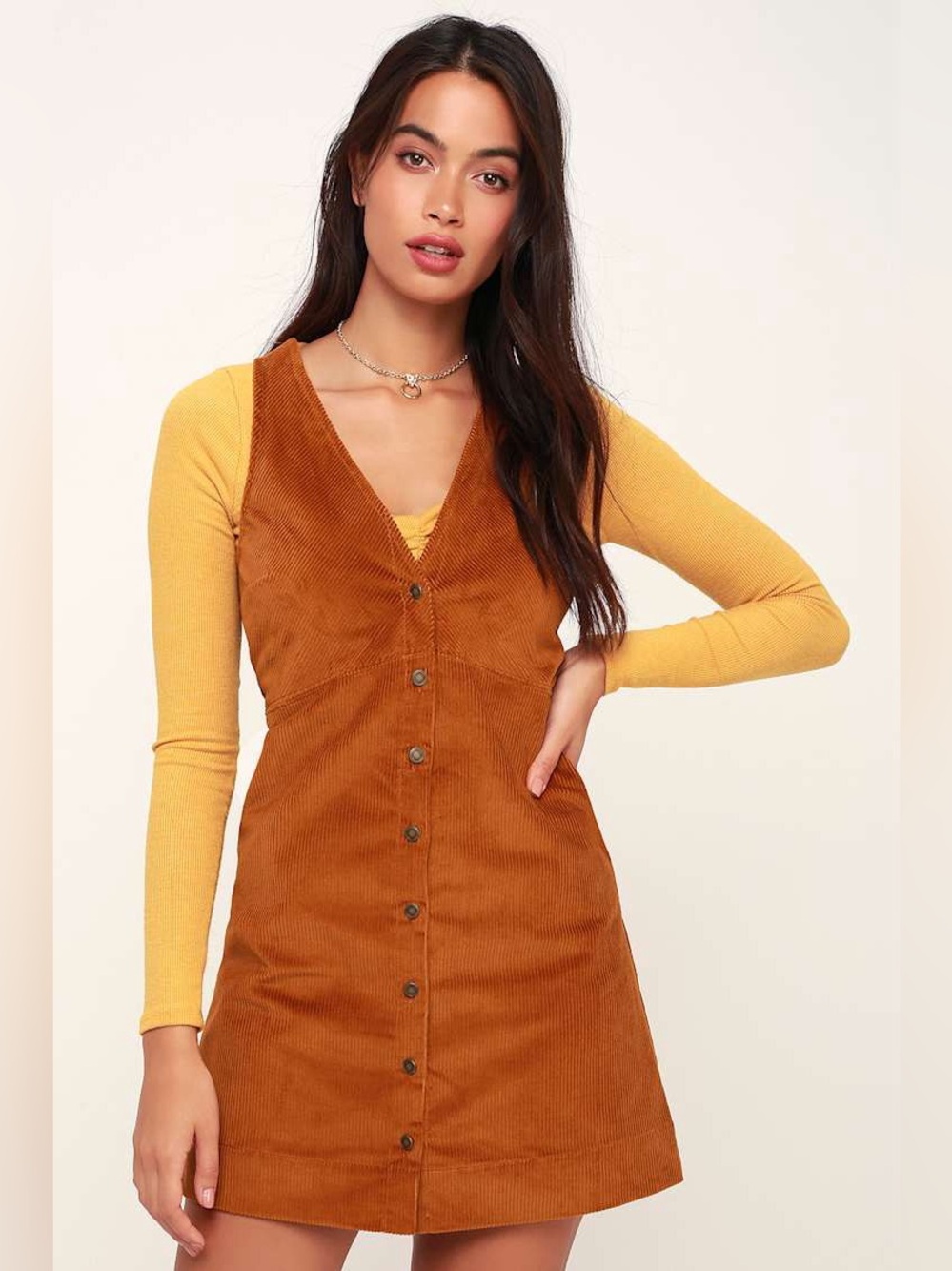 Free People Rolling Thunder Cord Mini Dress Rust Brown Button Front Medium